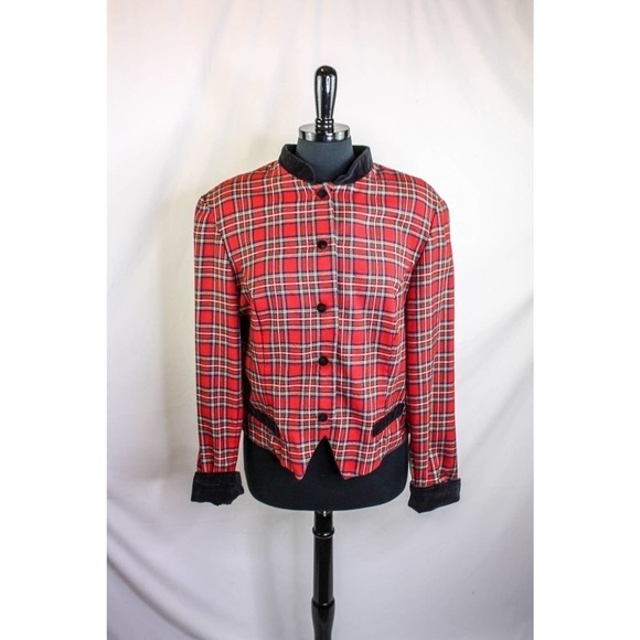 Karen Scott Red Plaid Top Button Up Black Velvet Trim - Picture 1 of 4